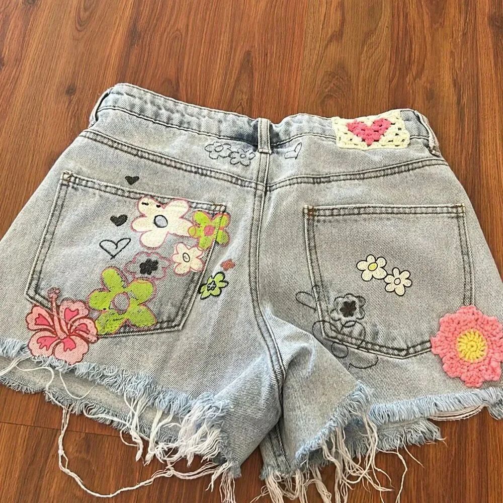 Barbie x forever 21 distressed high waisted jean shorts with crochet hand painti